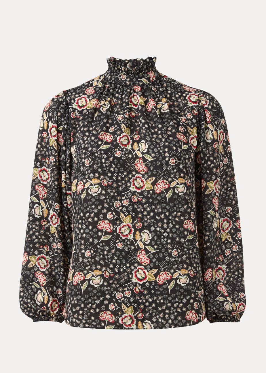 Black Floral Print High Neck Blouse