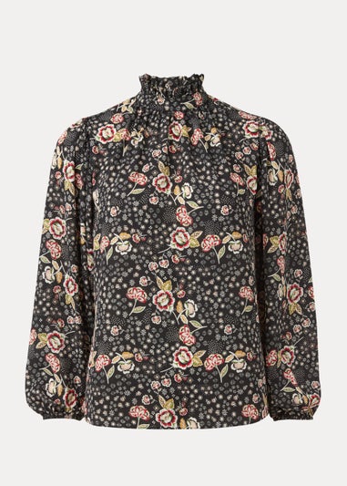 Black Floral Print High Neck Blouse
