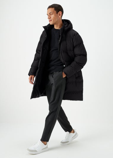 Black Long Length Showerproof Puffer Coat