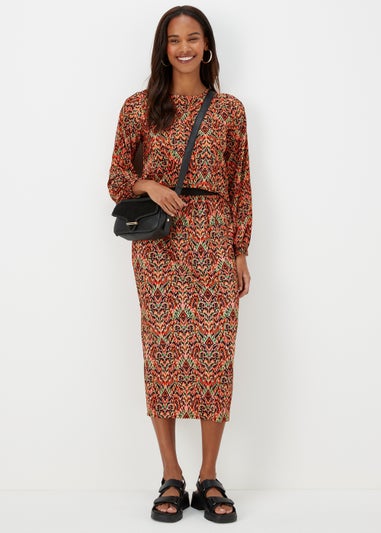 Multicoloured Aztec Print Plisse Midi Skirt