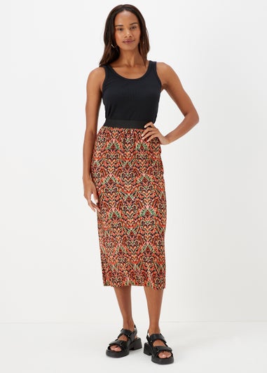Multicoloured Aztec Print Plisse Midi Skirt