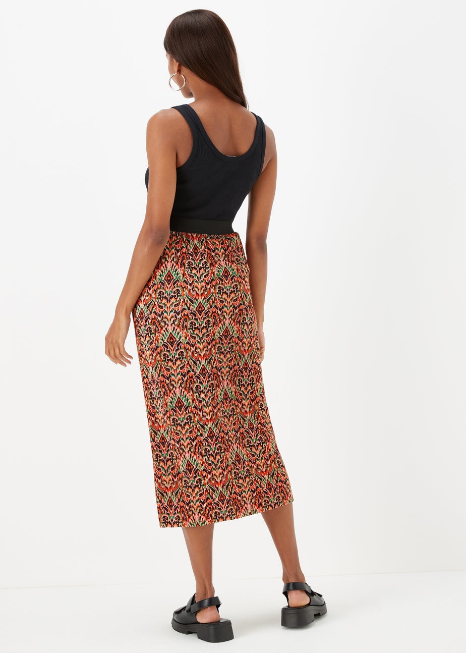 Multicoloured Aztec Print Plisse Midi Skirt