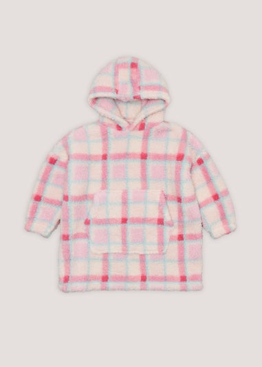 Girls Pink Check Borg Snuggle Hoodie (4-13yrs)