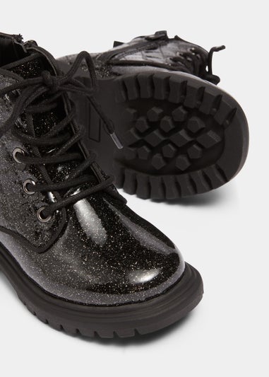 Girls Black Glitter Lace Up Boots (Younger 4-12yrs)