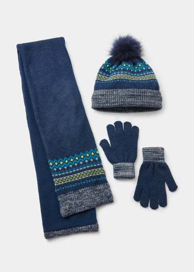 Boys 3 Piece Navy Fairisle Print Hat Scarf & Gloves Set