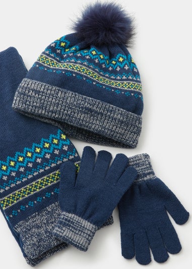 Boys 3 Piece Navy Fairisle Print Hat Scarf & Gloves Set