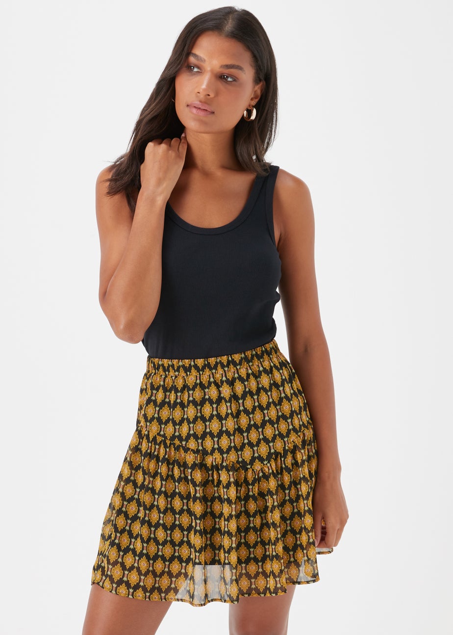 Black Foulard Print Chiffon Mini Skirt