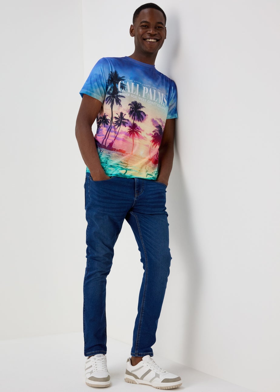 Blue LA Palm Tree Print T-Shirt