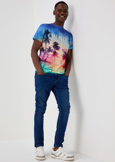 Blue LA Palm Tree Print T-Shirt