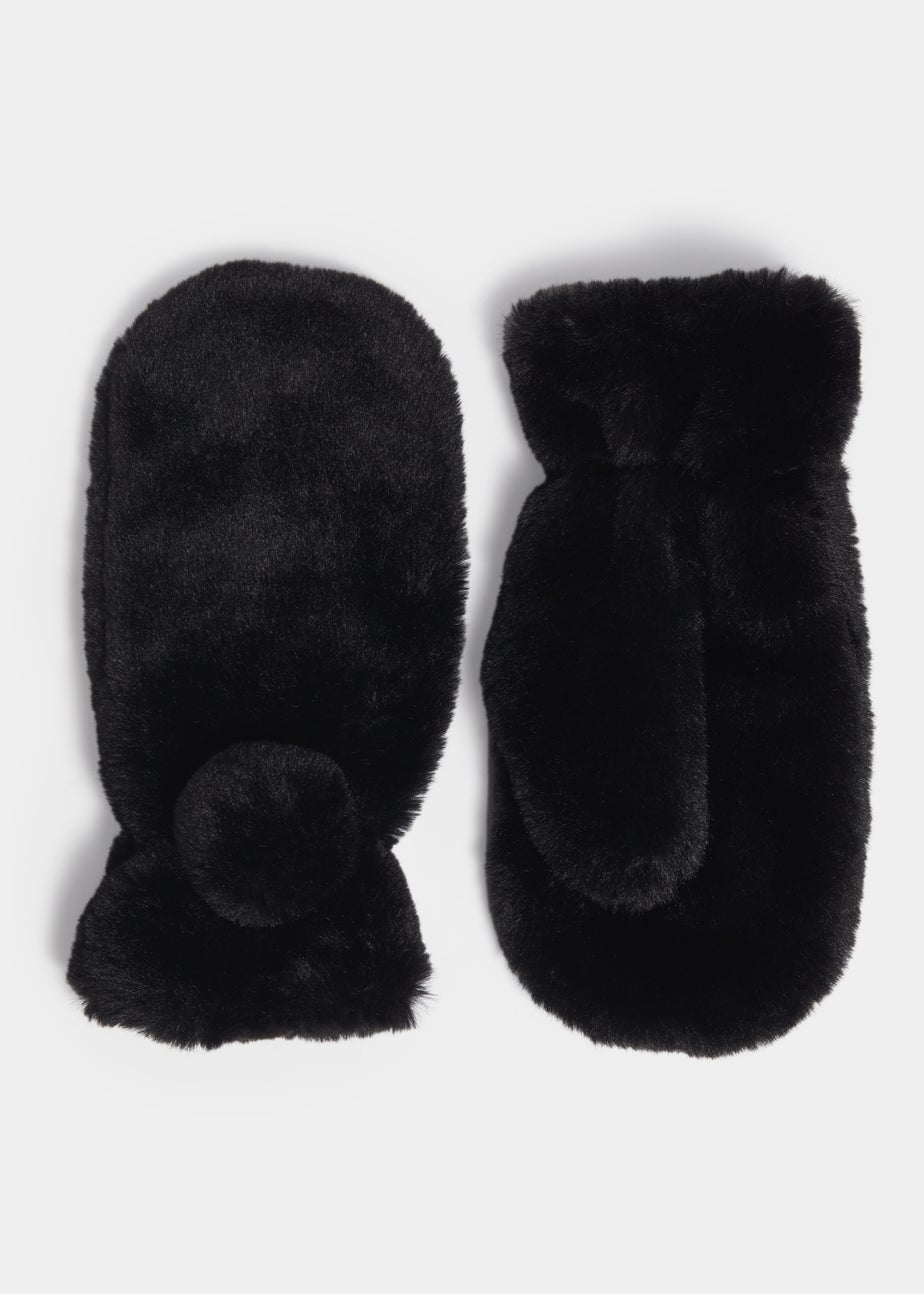 Girls Black Faux Fur Mittens (3-11yrs)