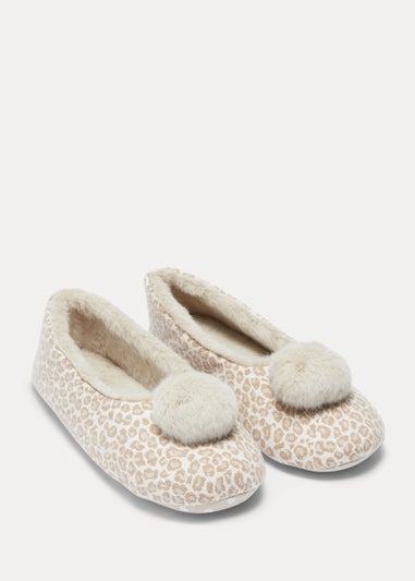 Brown Leopard Print Ballet Pom Pom Slippers