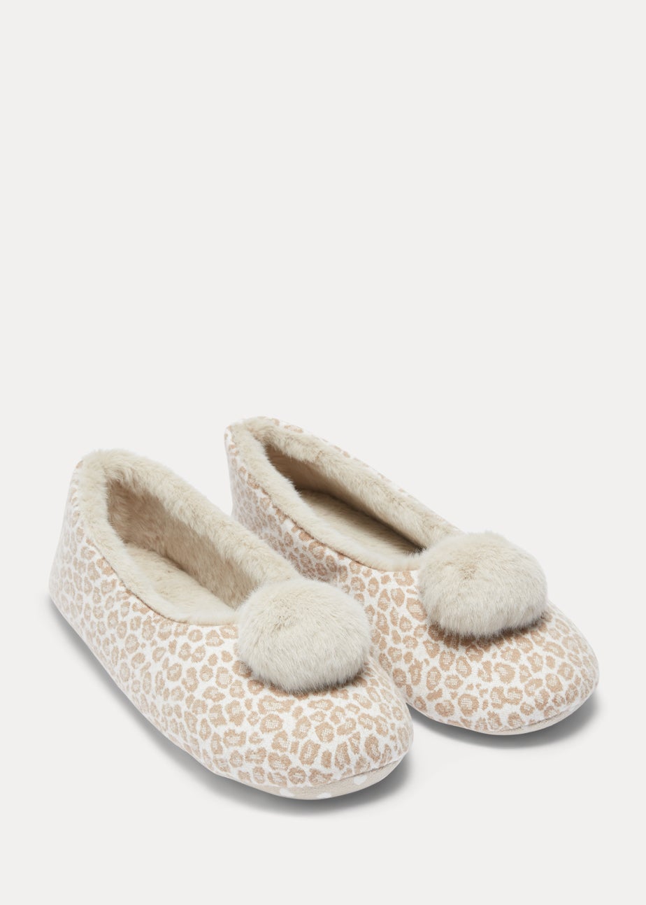 Brown Leopard Print Ballet Pom Pom Slippers