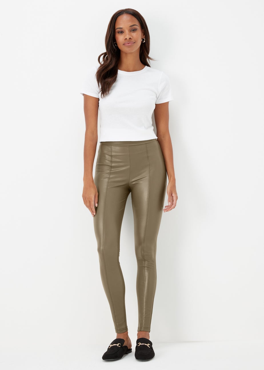 Khaki PU Seam Front Leggings