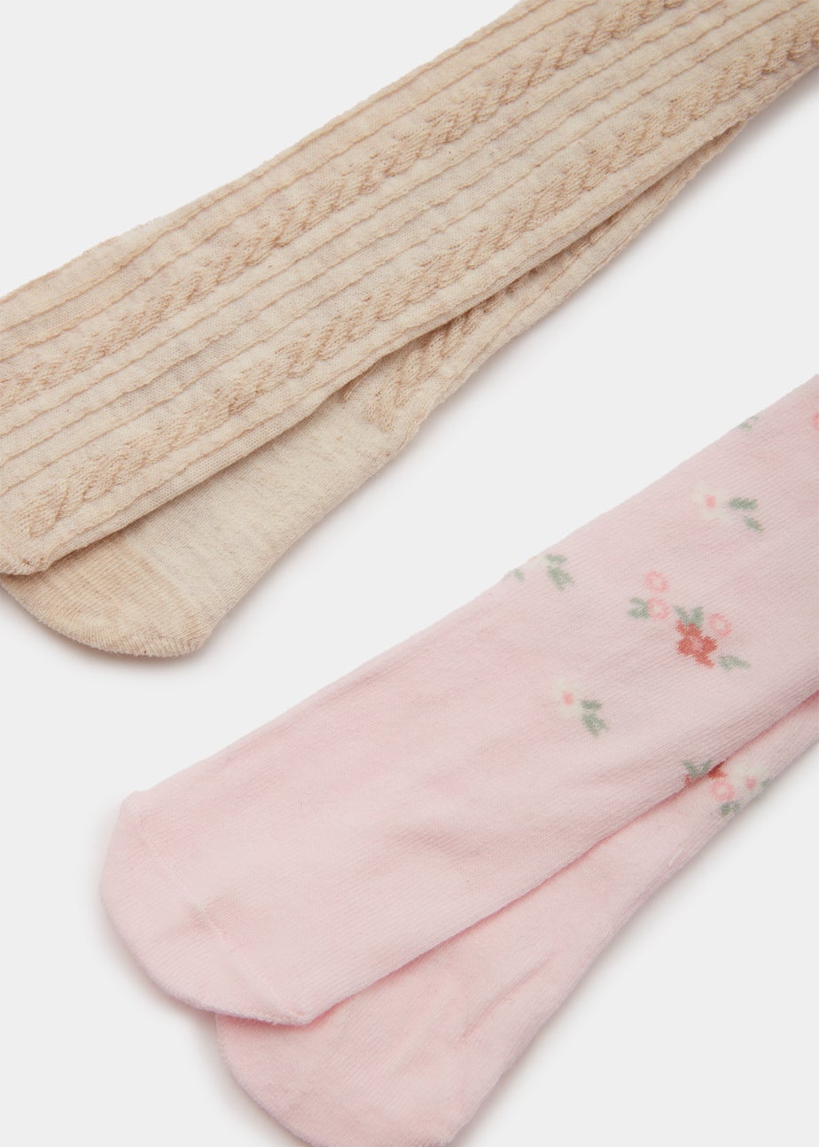 Baby 2 Pack Pink Flower & Cream Cable Knit Tights (Newborn-18mths)