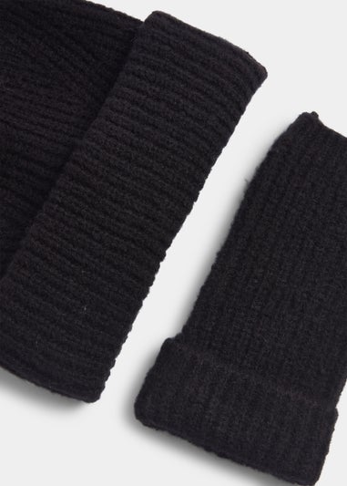 Black Ribbed Beanie Hat & Fingerless Gloves Set