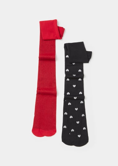 Girls 2 Pack Red & Black Heart Tights (2-11yrs)