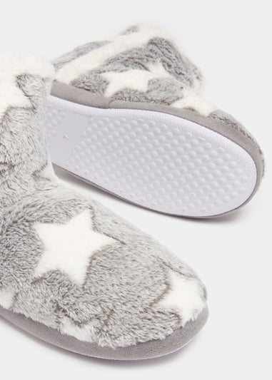 Grey Star Print Pom Pom Boot Slippers