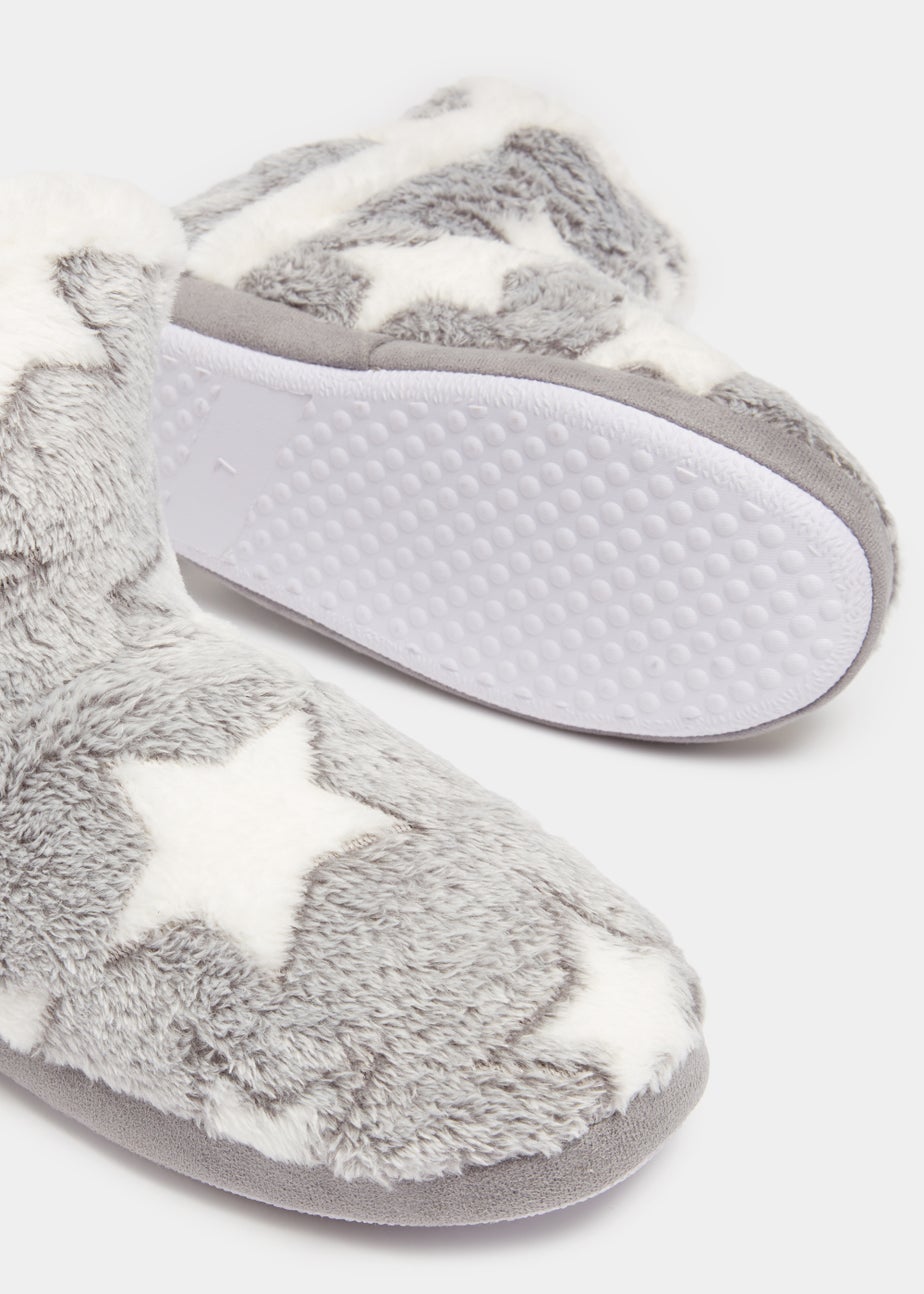 Grey Star Print Pom Pom Boot Slippers
