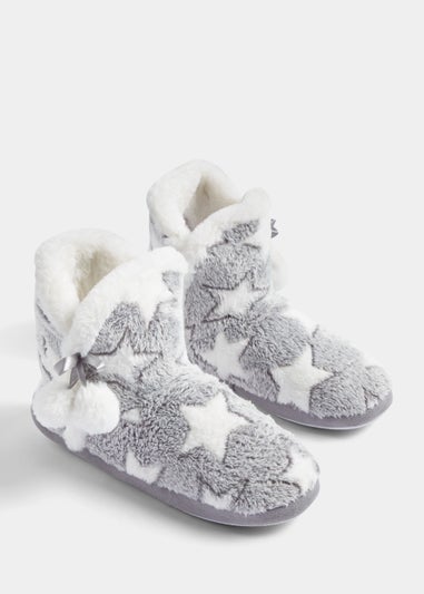 Grey Star Print Pom Pom Boot Slippers