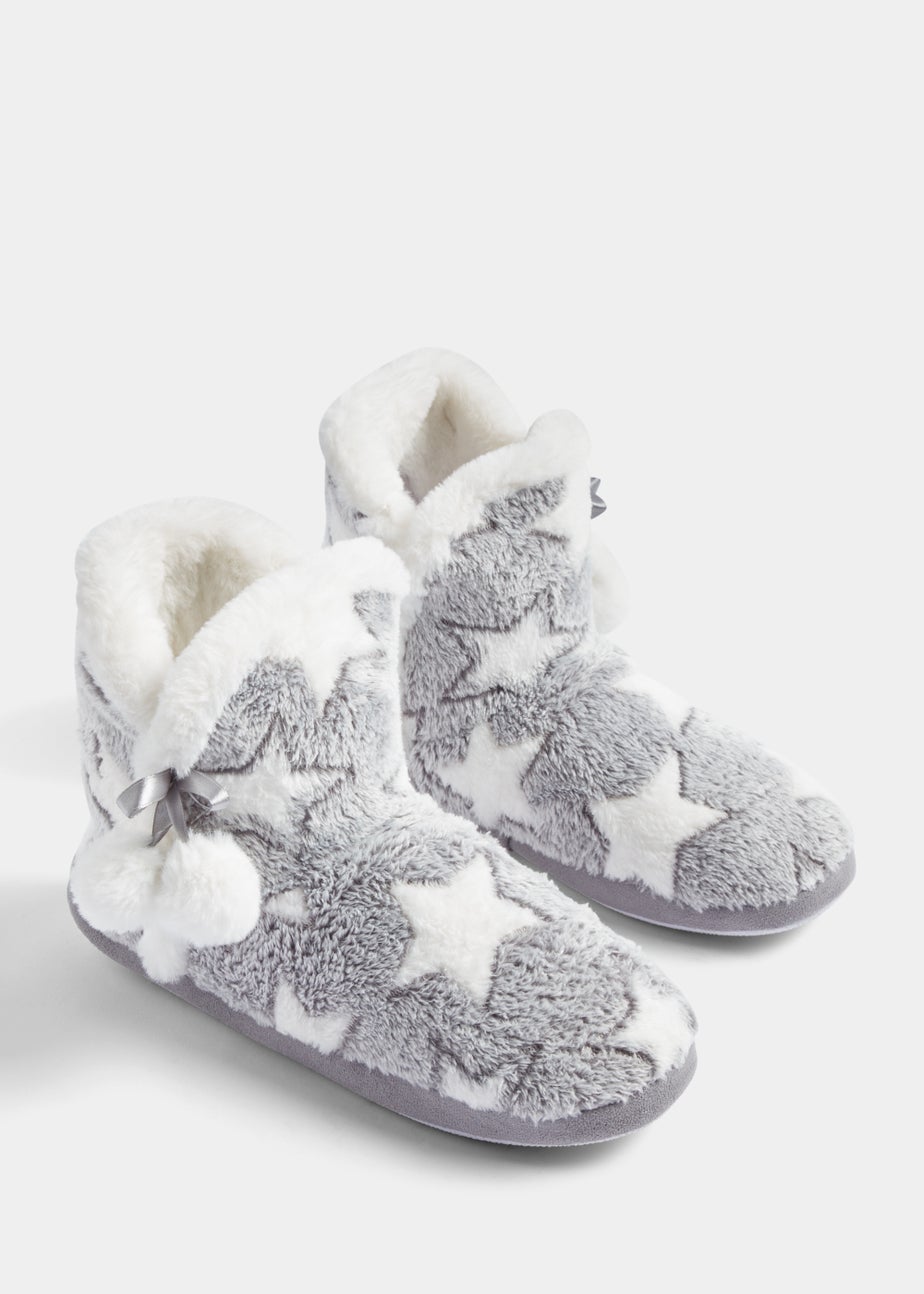 Grey Star Print Pom Pom Boot Slippers
