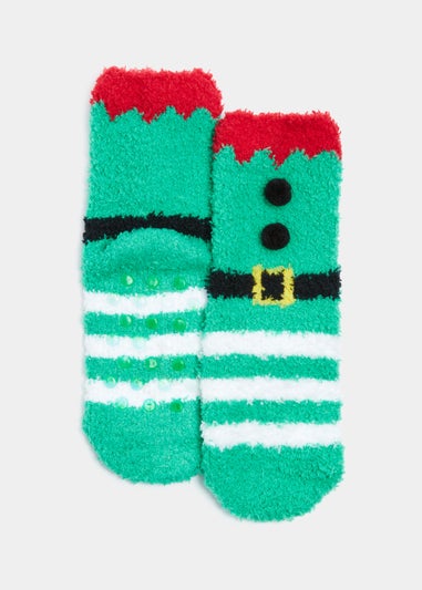 Kids Green Christmas Elf Slipper Socks (Younger 6-Older 5.5)