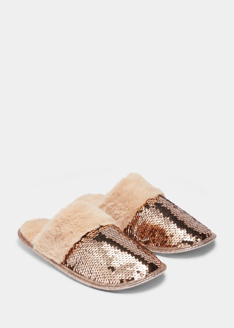 Gold Sequin Faux Fur Mule Slippers