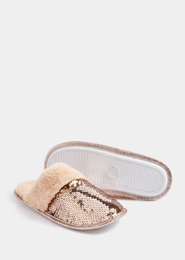Gold Sequin Faux Fur Mule Slippers