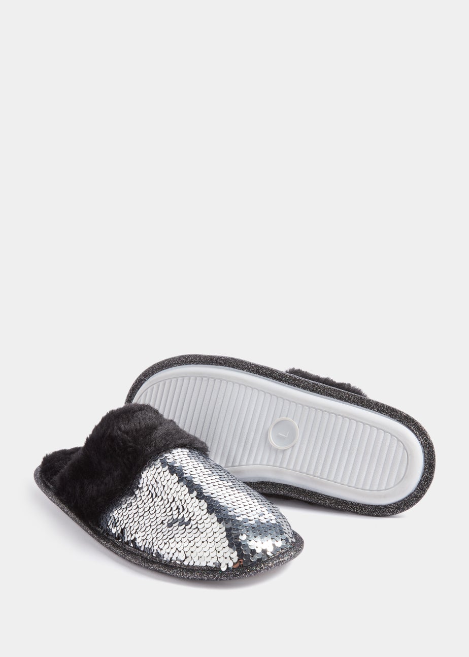 Silver Sequin Faux Fur Mule Slippers