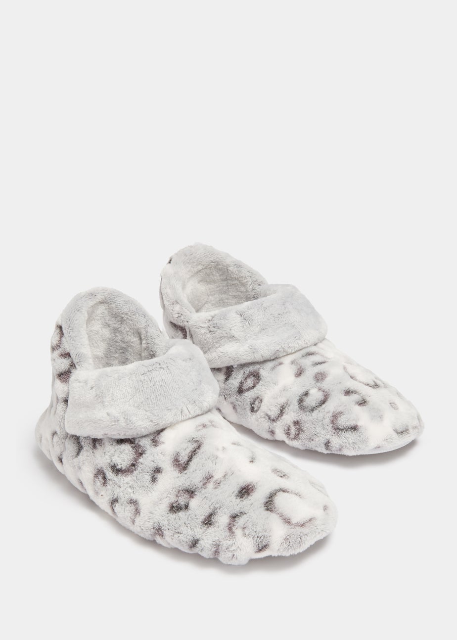 Grey Animal Print Turnover Boot Slippers