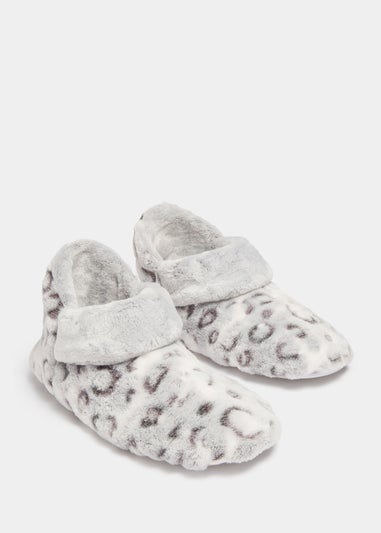 Grey Animal Print Turnover Boot Slippers