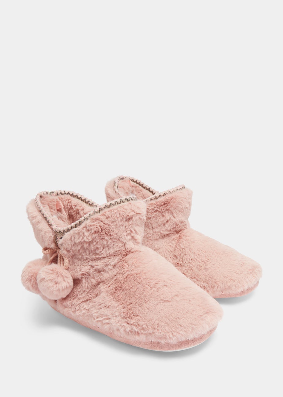 Pink Embroidered Pom Pom Bootie Slippers