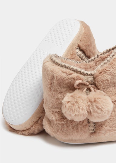 Mink Embroidered Pom Pom Bootie Slippers