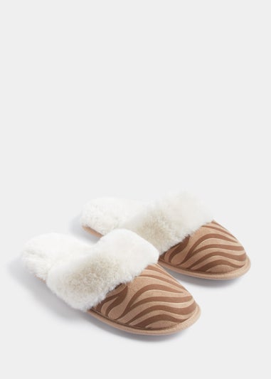 Tan Zebra Foil Faux Fur Trim Mule Slippers