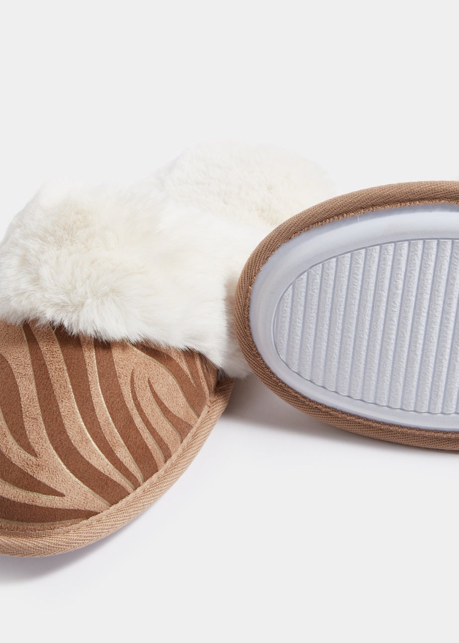Tan Zebra Foil Faux Fur Trim Mule Slippers