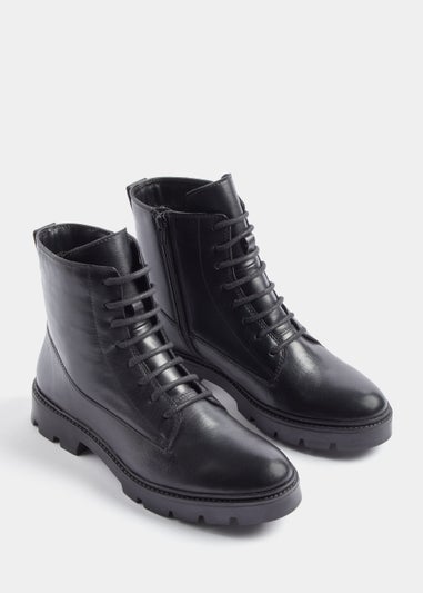 Black Real Leather Cleated Lace Up Boots