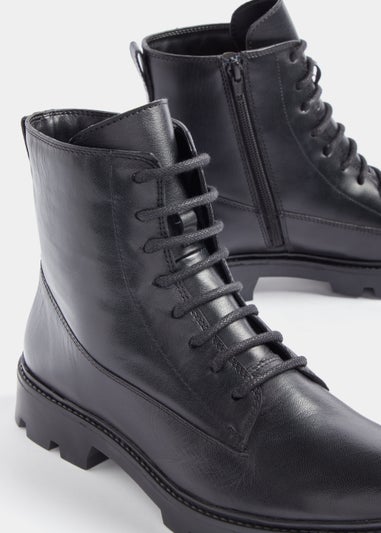Black Real Leather Cleated Lace Up Boots