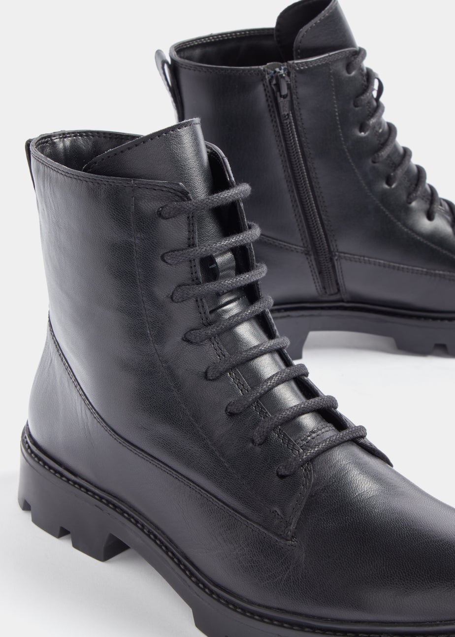 Black Real Leather Cleated Lace Up Boots