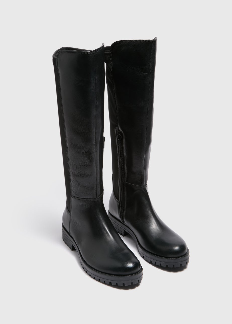 Black Side Panel Knee Leather Boots