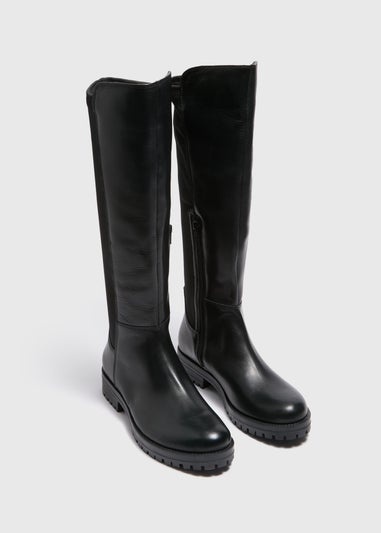 Black Side Panel Knee Leather Boots