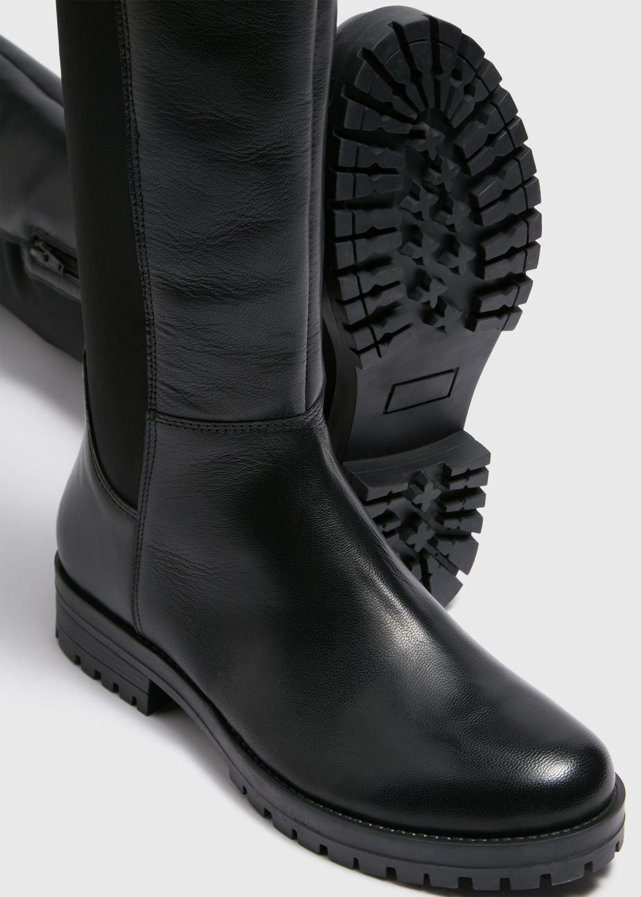 Black Side Panel Knee Leather Boots
