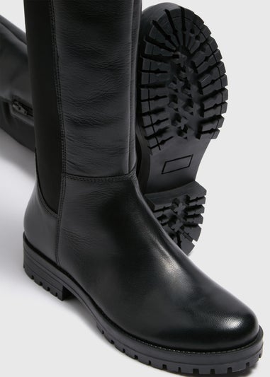 Black Side Panel Knee Leather Boots