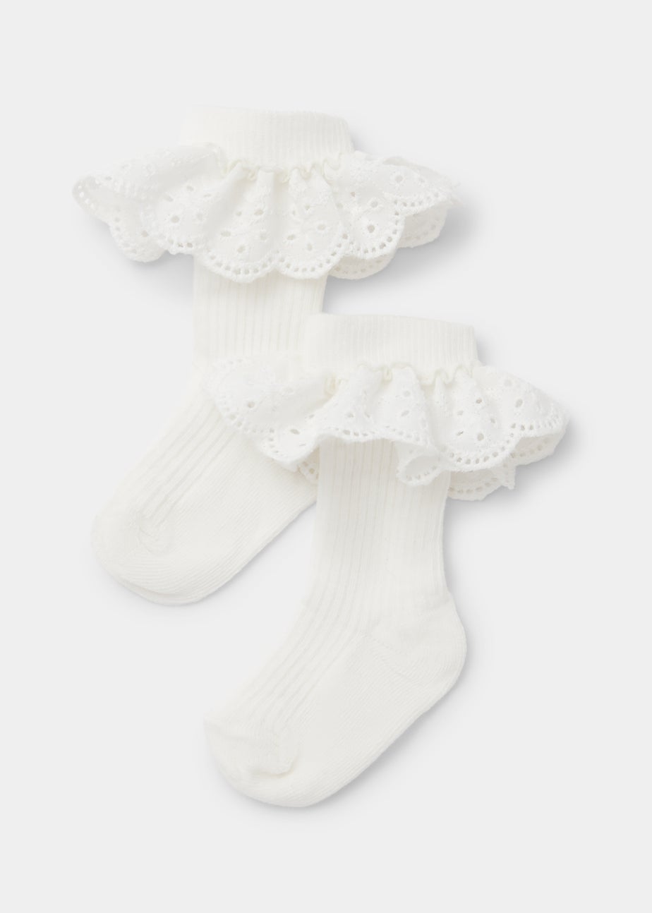 Baby 2 Pack Cream Schiffli Frill Socks (Newborn-23mths)