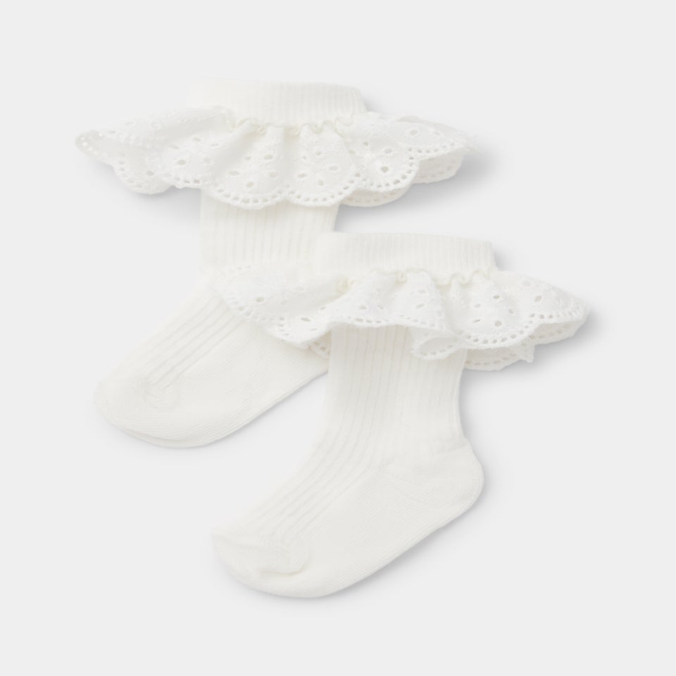 Baby 2 Pack Cream Schiffli Frill Socks (Newborn-23mths)
