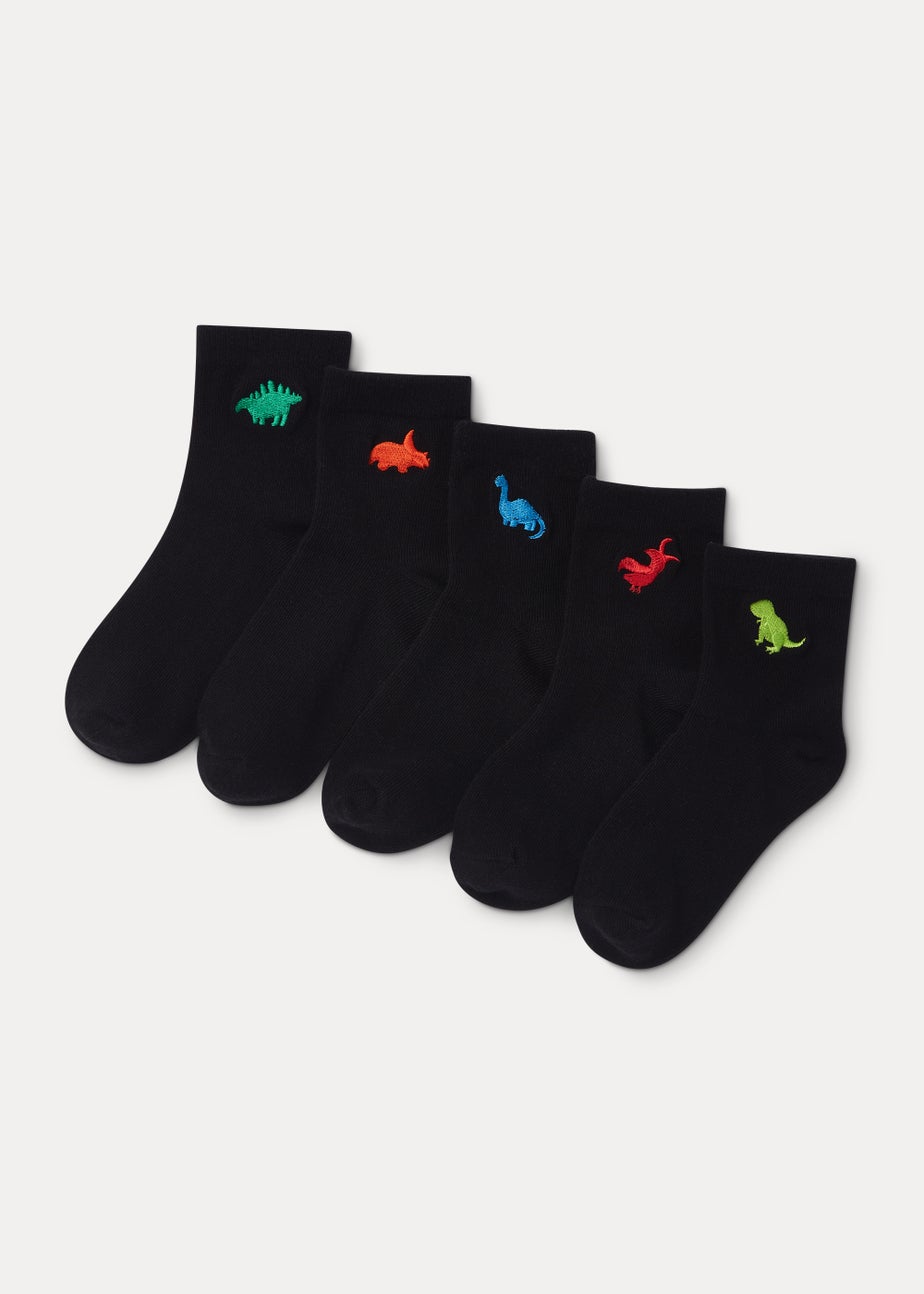 Kids 5 Pack Black Dinosaur Embroidered Socks (Younger 6-Older 6.5)