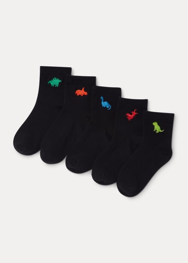 Kids 5 Pack Black Dinosaur Embroidered Socks (Younger 6-Older 6.5)