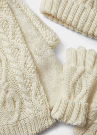 Kids 3 Piece Cream Snuggle Hat Scarf & Gloves Set (3-10yrs)