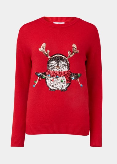 Red Sequin Penguin Christmas Jumper
