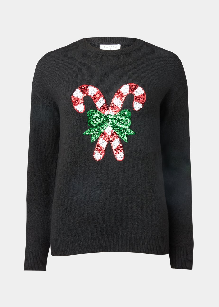 Black Sequin Christmas Candy Cane Jumper