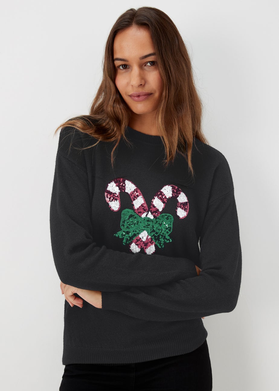 Black Sequin Christmas Candy Cane Jumper