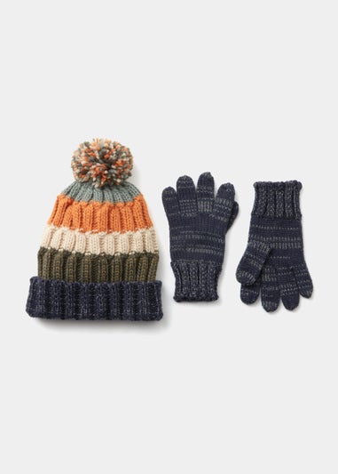 Boys 2 Piece Multicoloured Stripe Bobble Hat & Gloves Set (3-10yrs)
